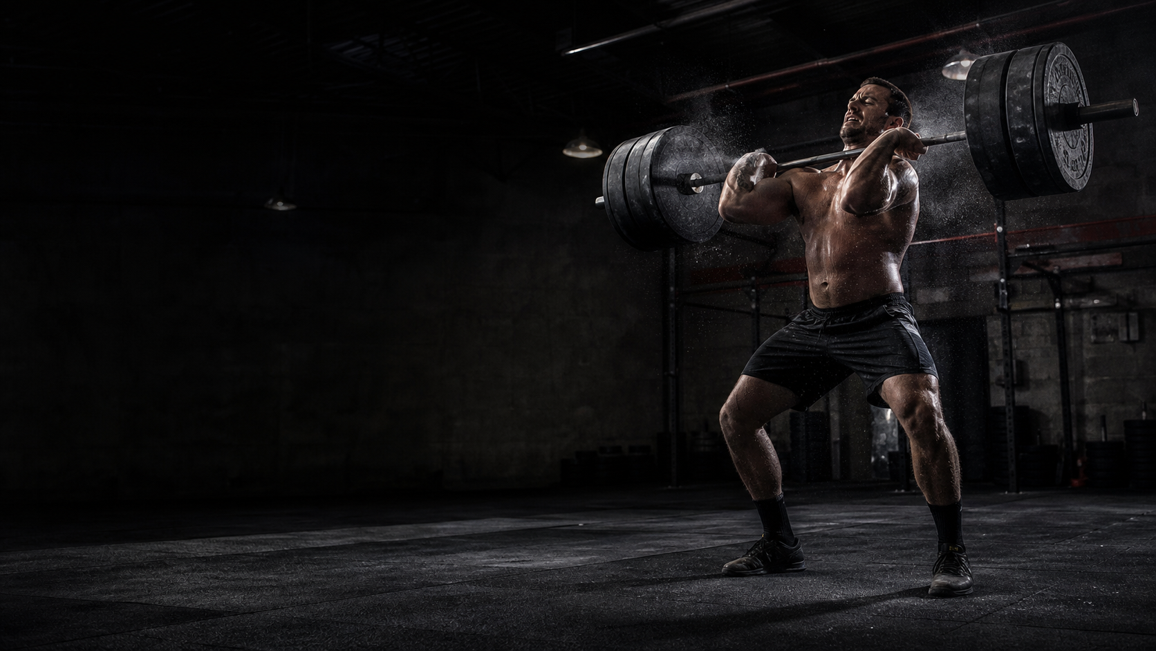 Athlete completing a heavy barbell clean in an industrial gym